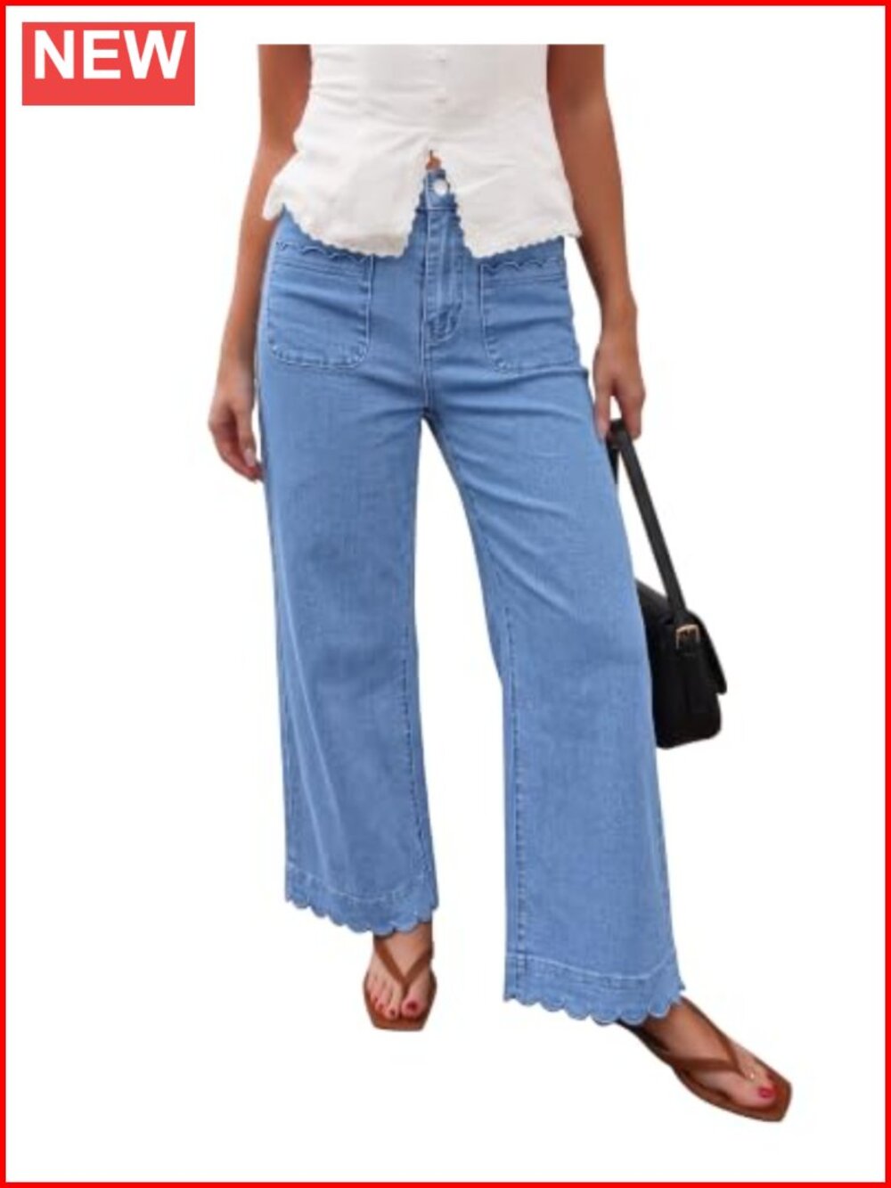 High Waisted Straight Leg Stretch Denim Jeans Women Scalloped Hem Ankle Pants